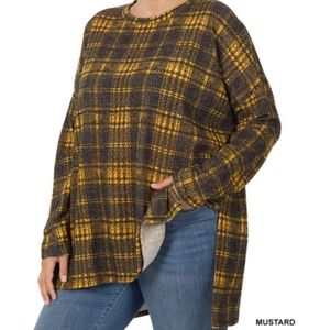 NWOT Zenana mustard and navy plaid tunic top